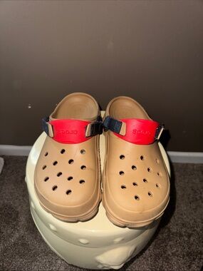 CROCS Clog in Tan with Red Heel Strap